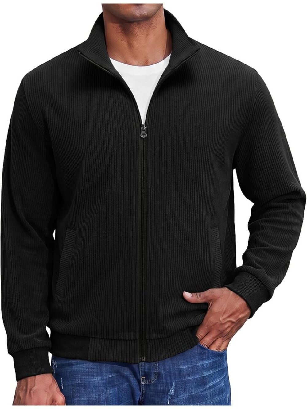 🆕Men's All Black Zip Up Sweatshirt Knit Cardigan Ribbed Mock Neck Outerwear